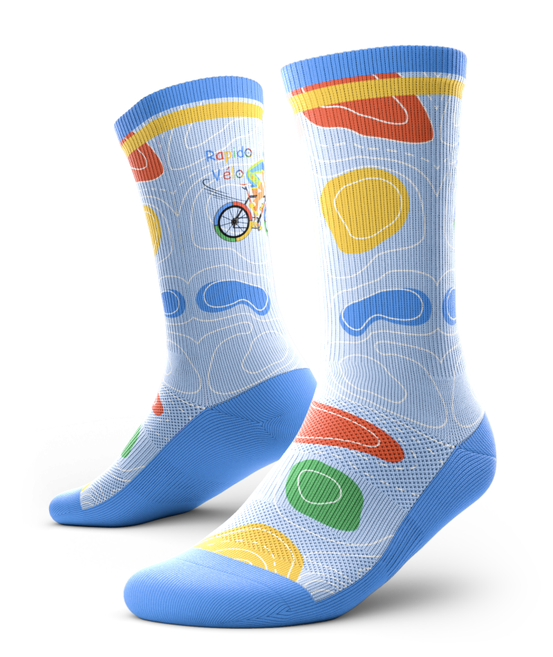 Bas Rapido Vélo colorés, chaussettes longues bleu clair avec motif vélo et logo Rapido Vélo