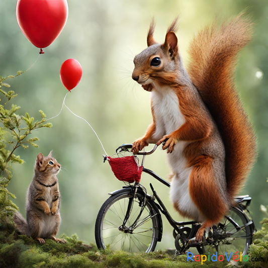 Un Écureuil Dans La Nature Avec Un Ballon Rouge Vélo Et Chat (Vue Ia)